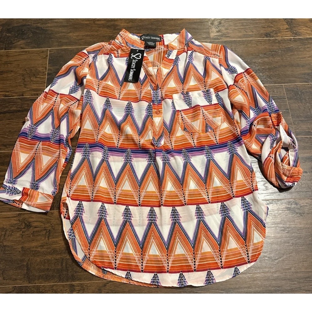 Stacey Summers Blouse S Orange Geometric Boho Lightweight Top Boho Shirt Hippie